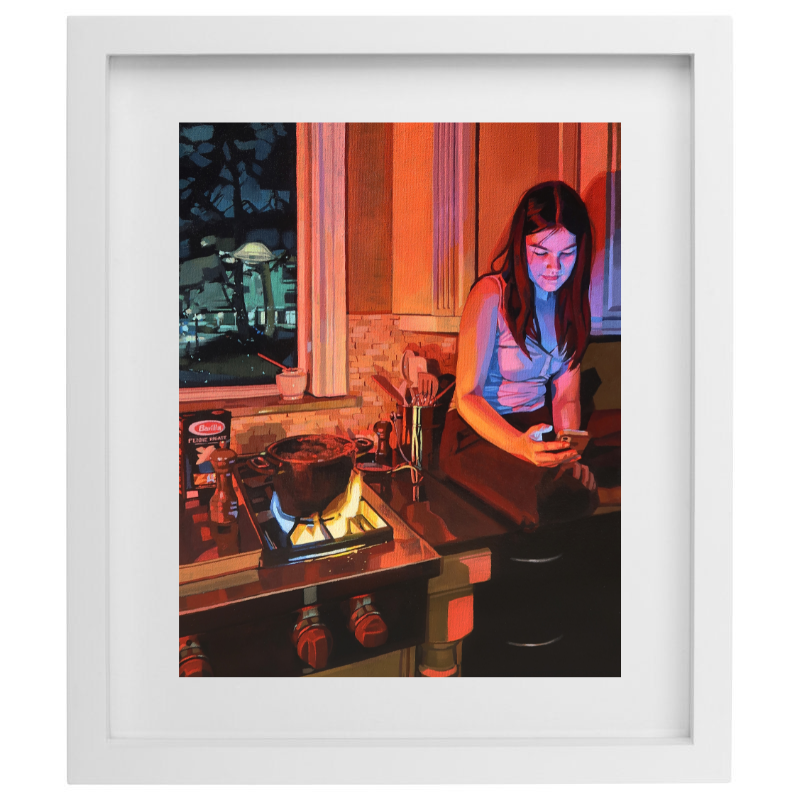 Red and blue realistic acrylic artwork in a white frame