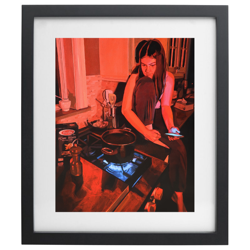 Red and blue acrylic artwork in a black frame