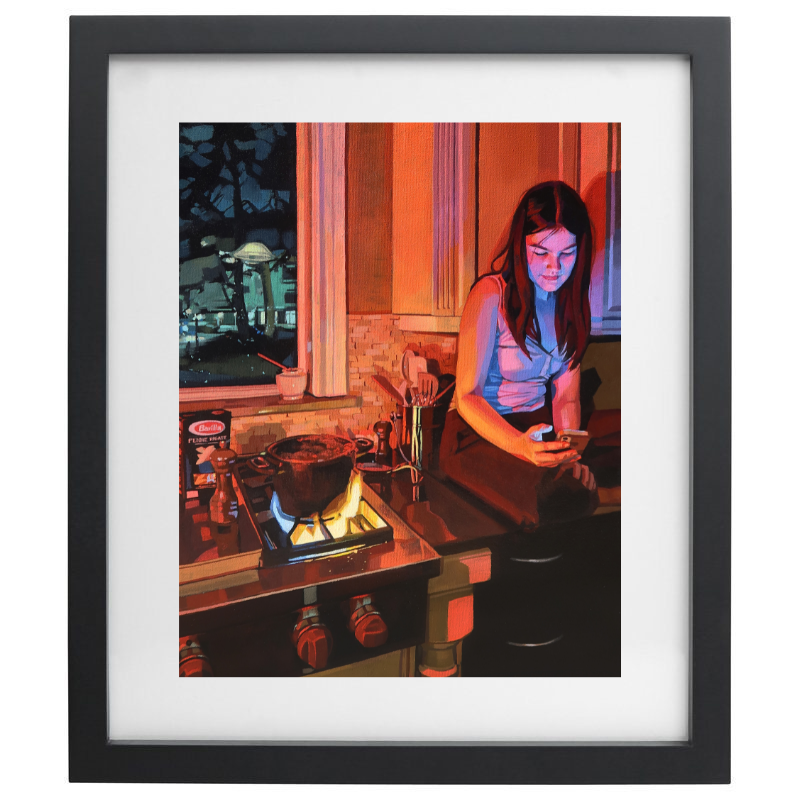 Red and blue realistic acrylic artwork in a black frame