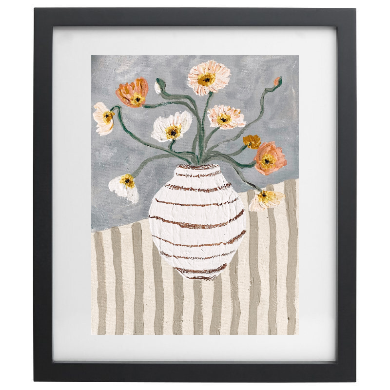 Abstract striped vase with flowers in neutral colours with a black frame