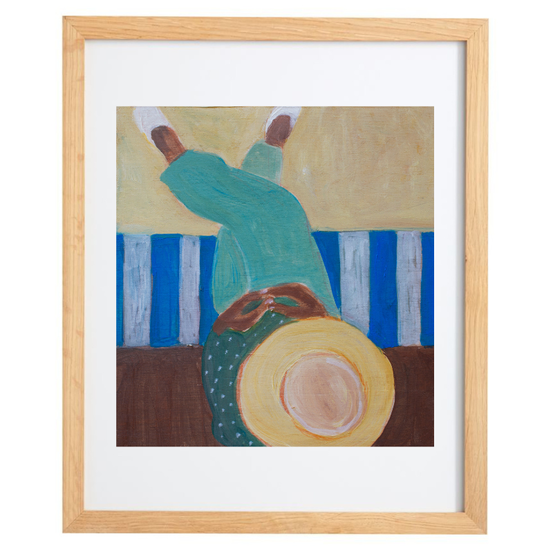 Abstract person sitting artwork in a natural frame