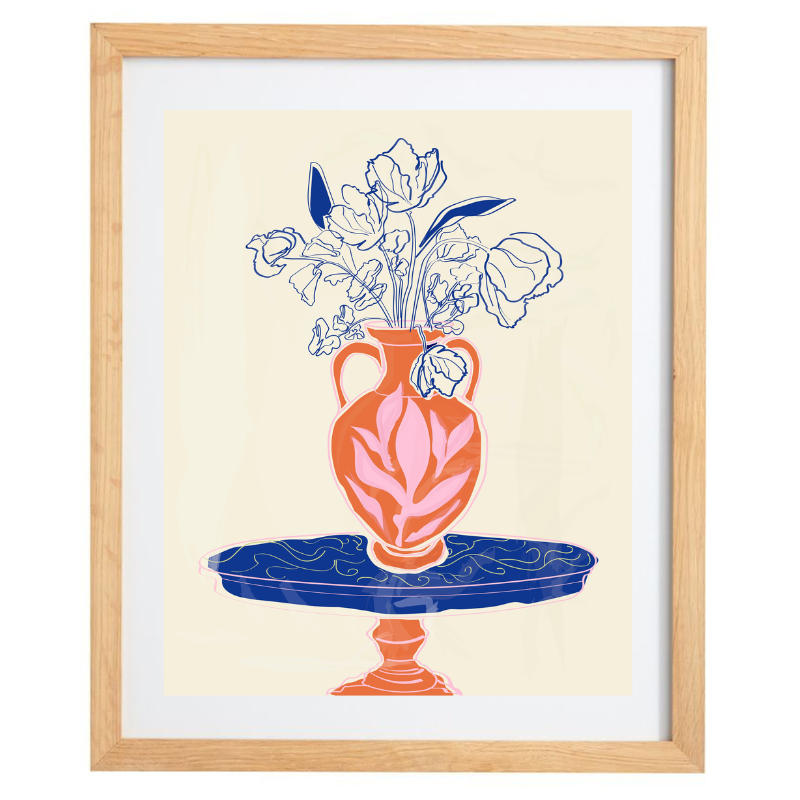 Rachel Joanis / Orange Vase with Blue Flowers