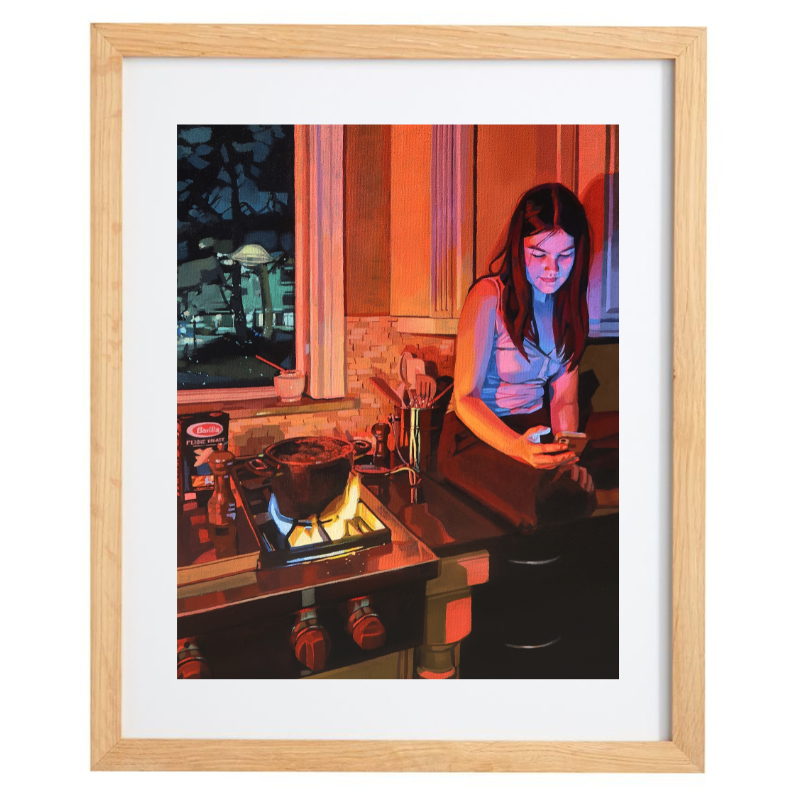 Red and blue realistic acrylic artwork in a natural frame