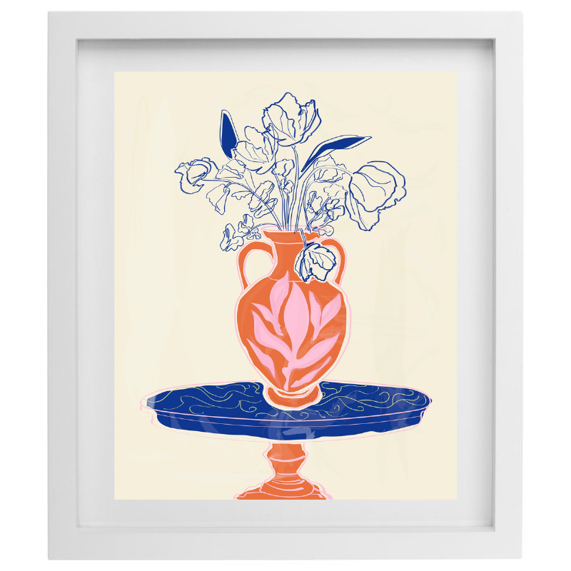 Rachel Joanis / Orange Vase with Blue Flowers
