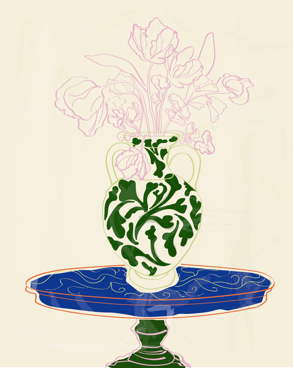Rachel Joanis / Green Vase with Pink Flowers