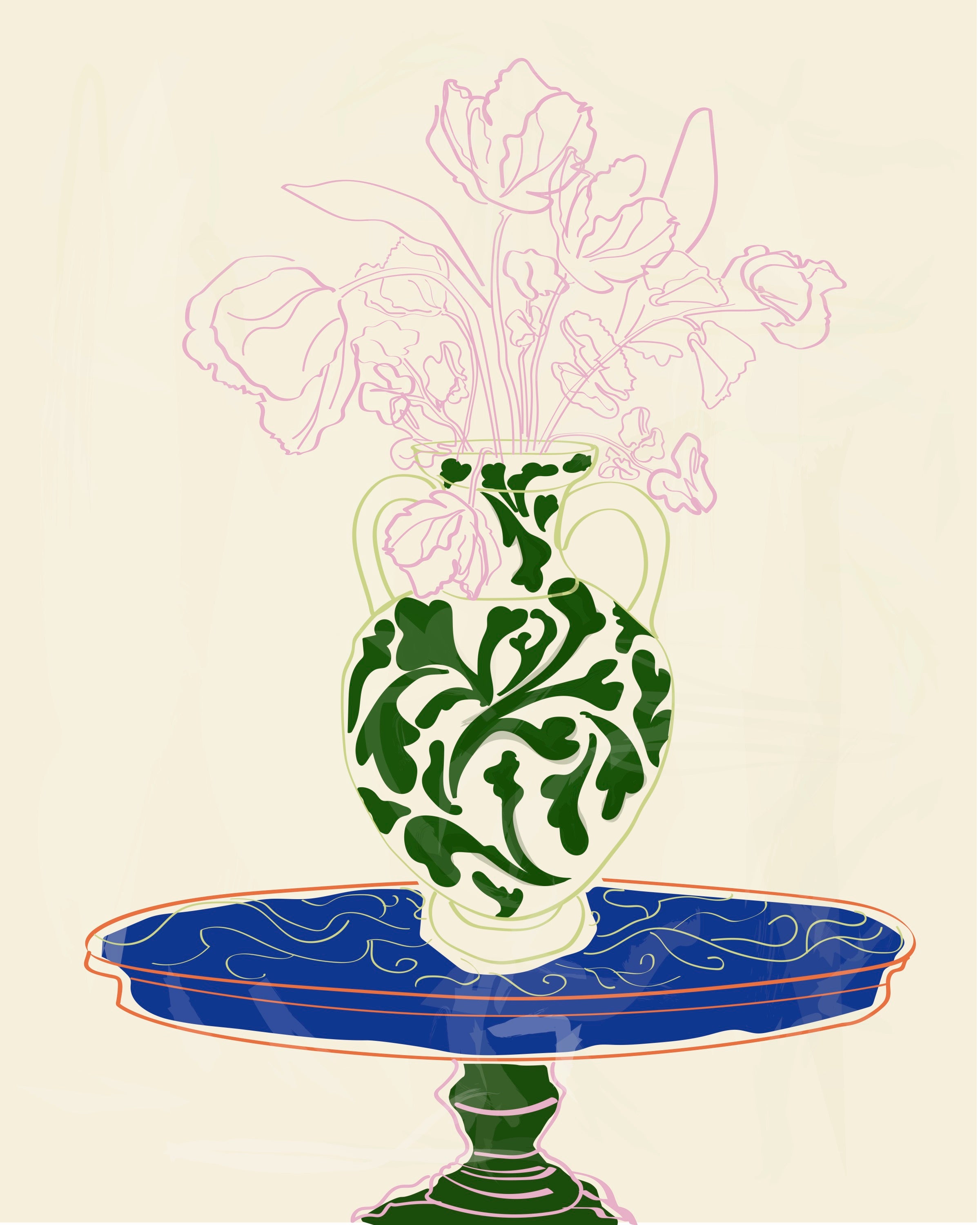 Rachel Joanis / Green Vase with Pink Flowers