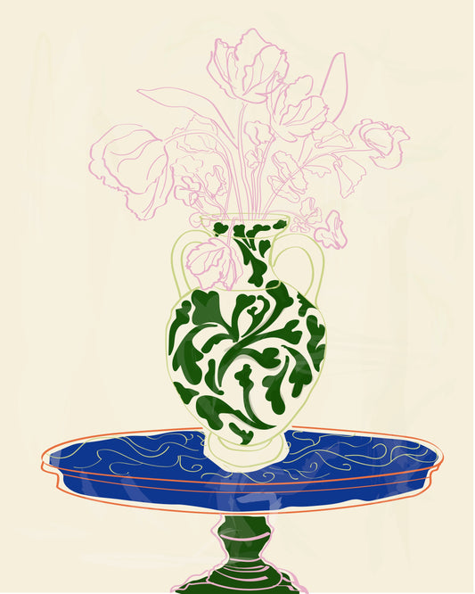 Rachel Joanis / Green Vase with Pink Flowers