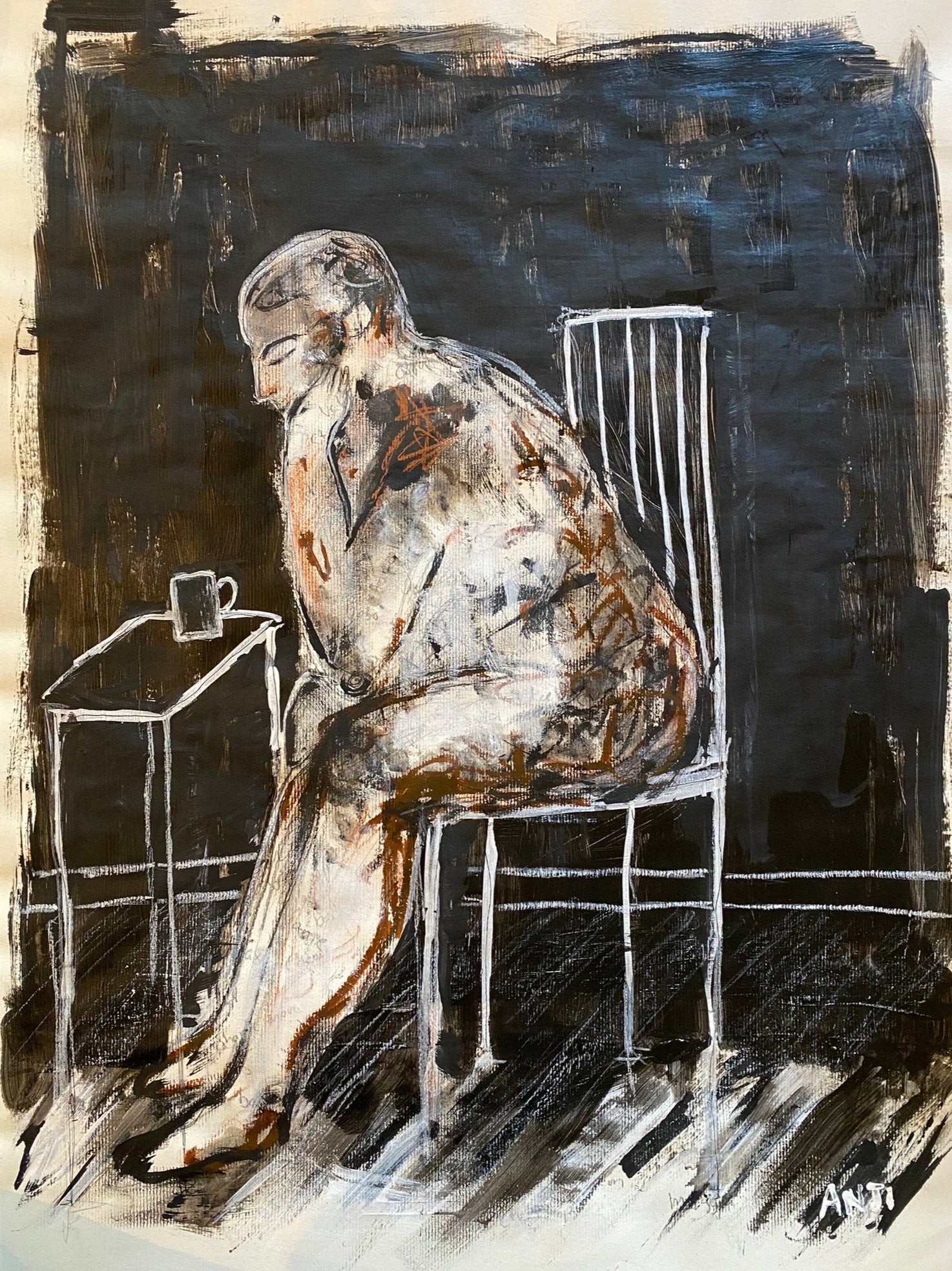 Abstract artwork of a human figure sitting on a chair