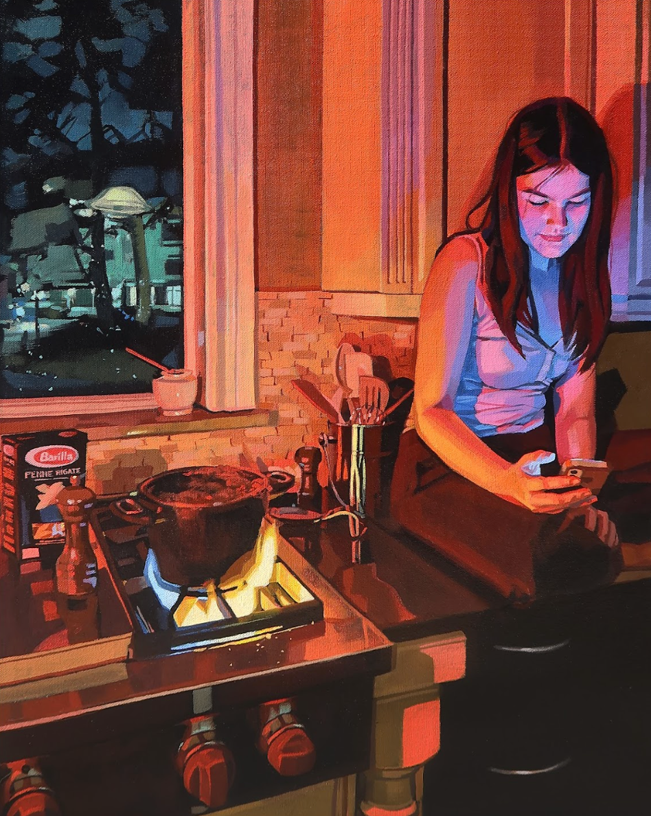 Red and blue realistic acrylic artwork