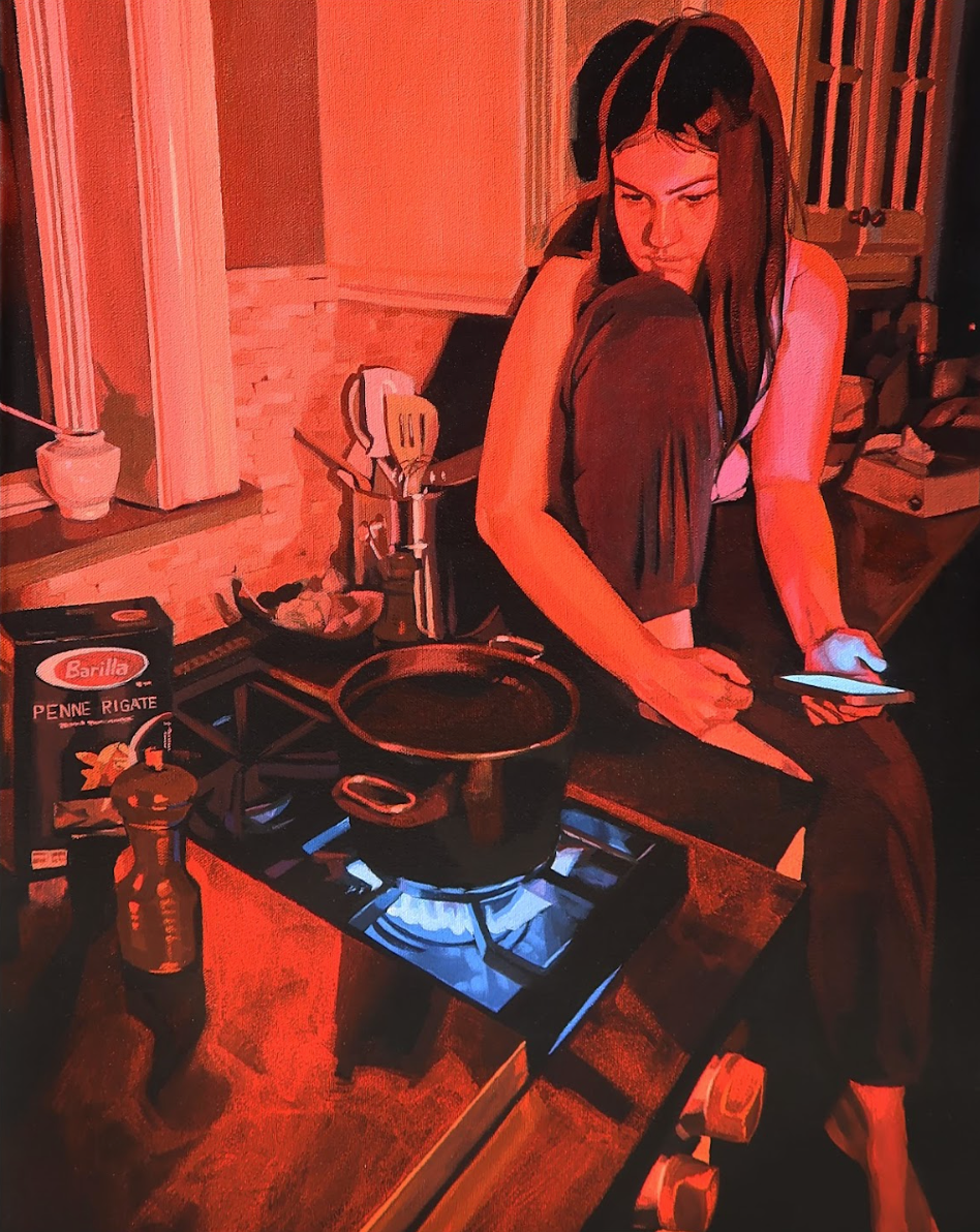 Red and blue acrylic artwork