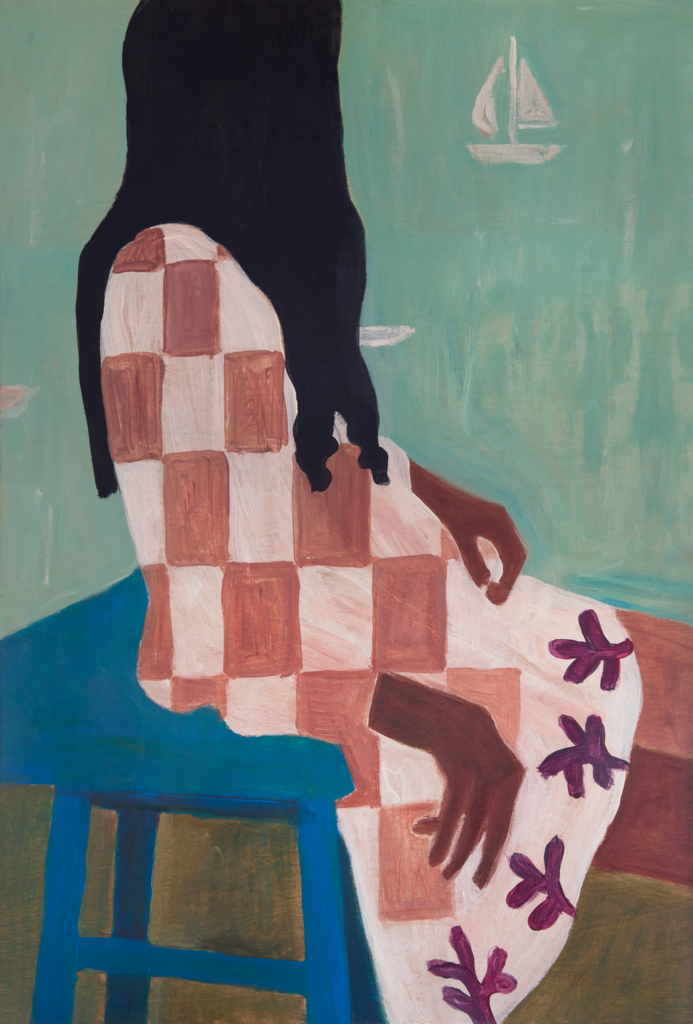 Woman sitting with sailboats in the background artwork