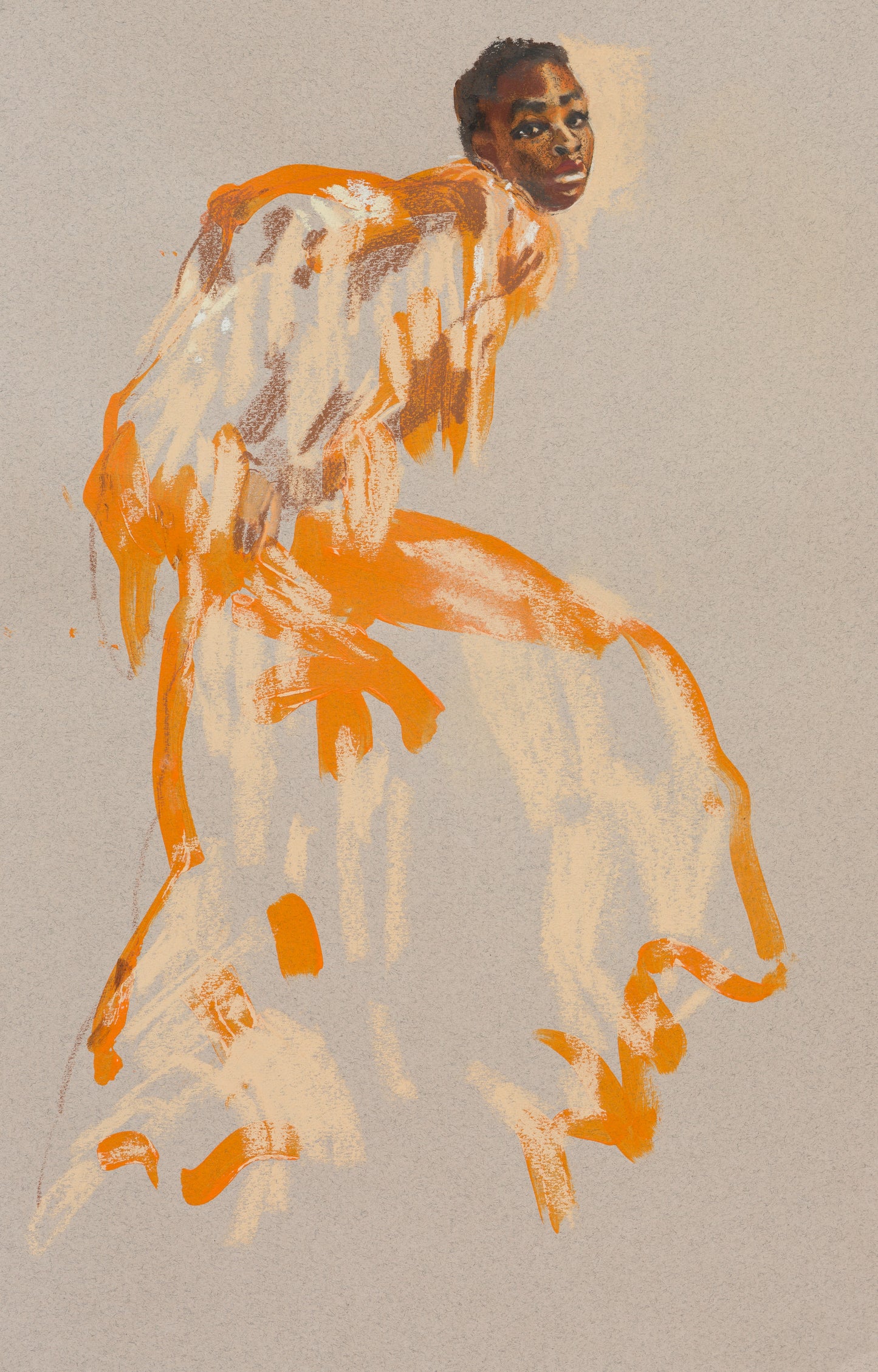 Abstract artwork of a human form with an orange and yellow outfit