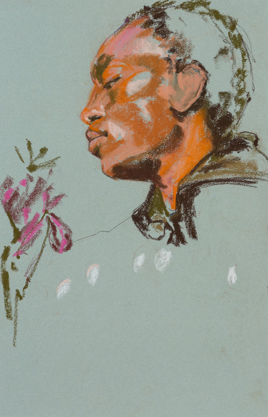 Abstract human face with flowers over a teal background