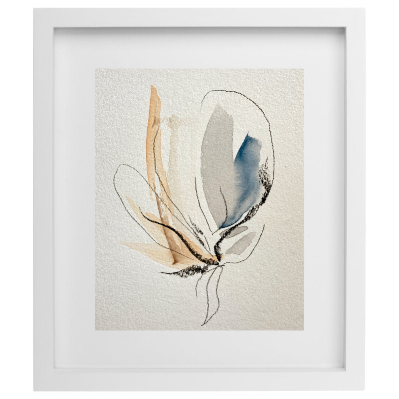 Abstract watercolour artwork in neutral colours in a white frame