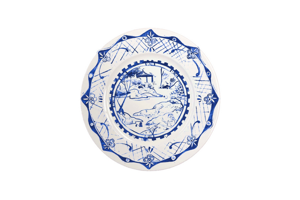 Blue and white porcelain plate with nature and human figure elements