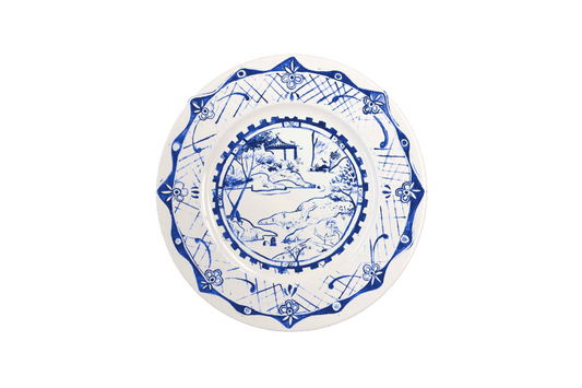 Blue and white porcelain plate with nature and human figure elements