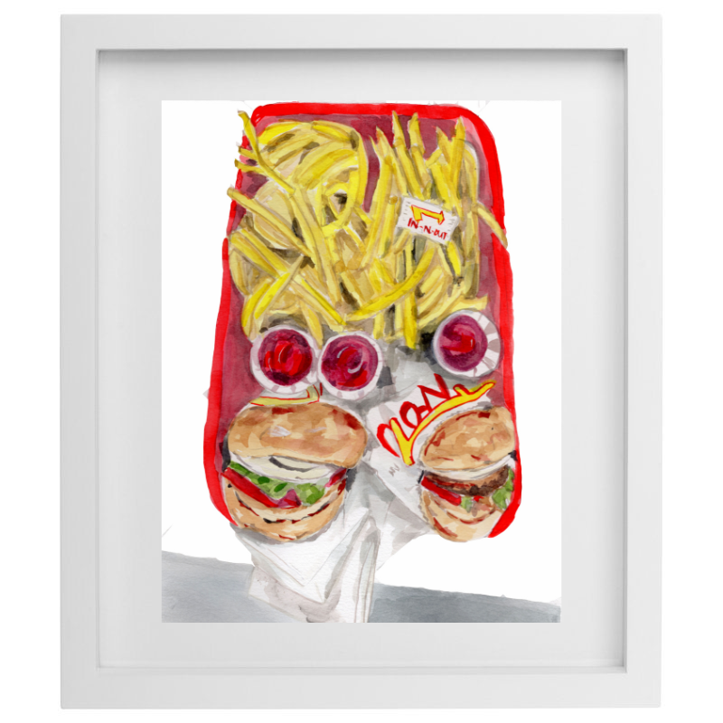Watercolour In-N-Out artwork in a white frame