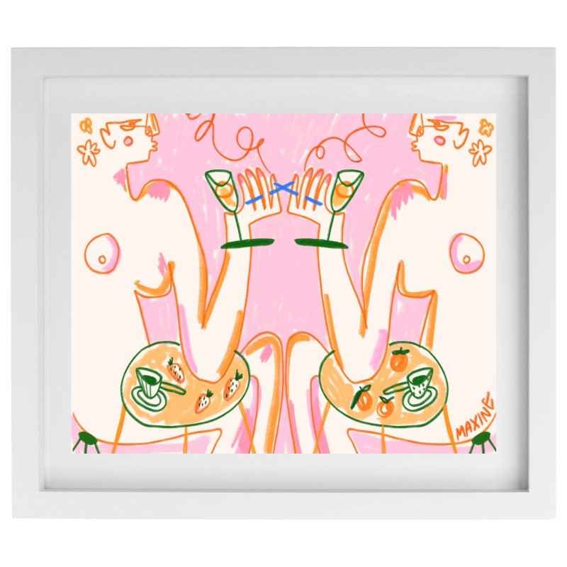 Abstract female forms drinking and eating artwork in a white frame