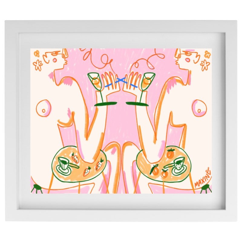 Abstract female forms drinking and eating artwork in a white frame