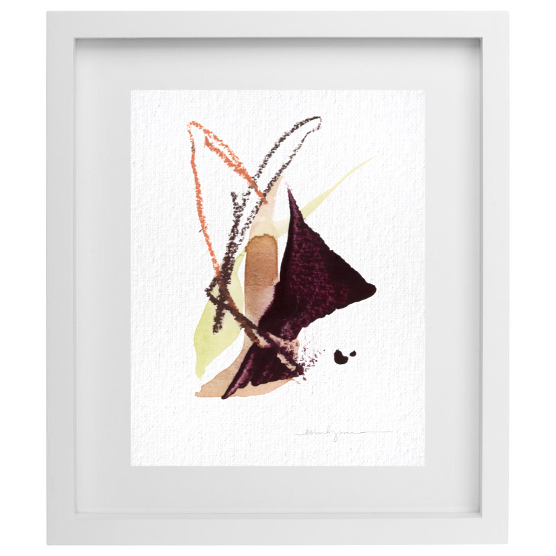 Dark purple, green, and brown minimalist artwork in a white frame