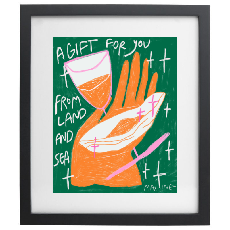 Blue, pink, and green abstract artwork in a black frame