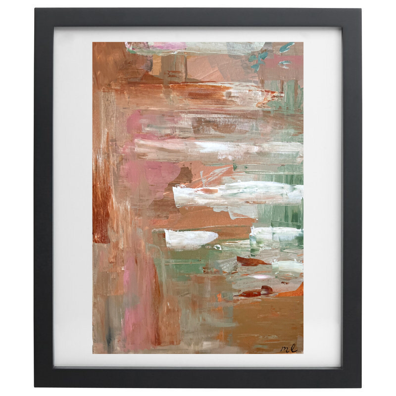 Abstract neutral coloured artwork in a black frame