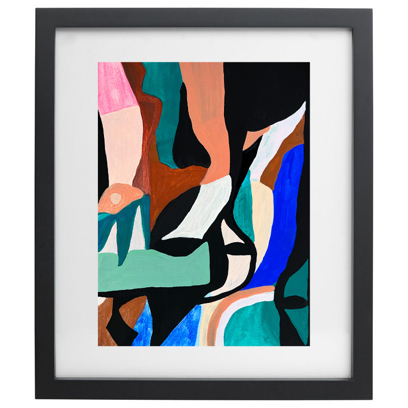 Colourful geometric artwork in a black frame