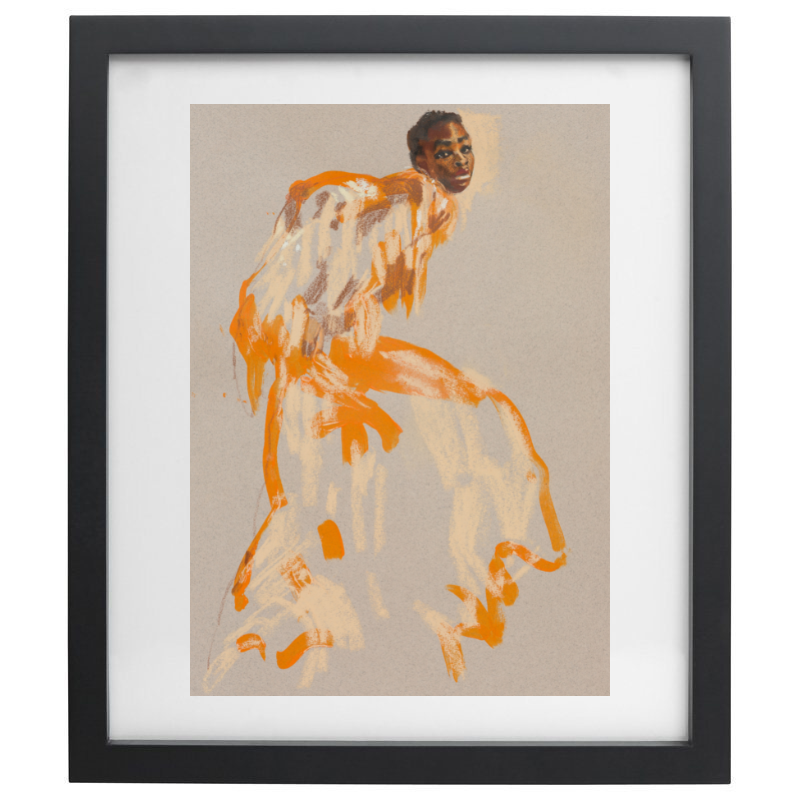 Abstract artwork of a human form with an orange and yellow outfit in a black frame