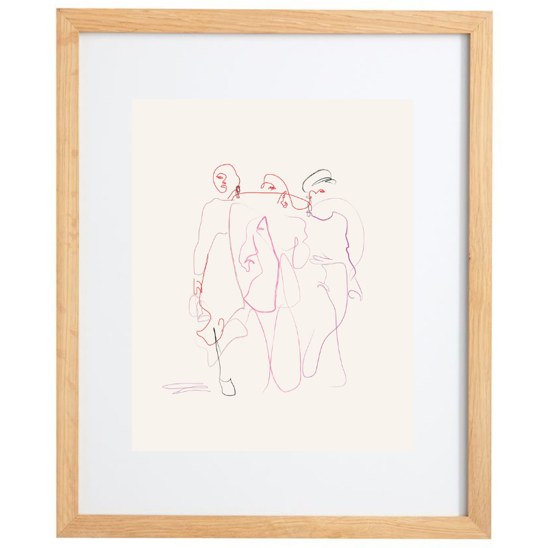 Abstract minimalist pink line artwork in a natural frame