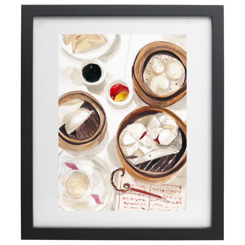 Watercolour dim sum artwork in a black frame