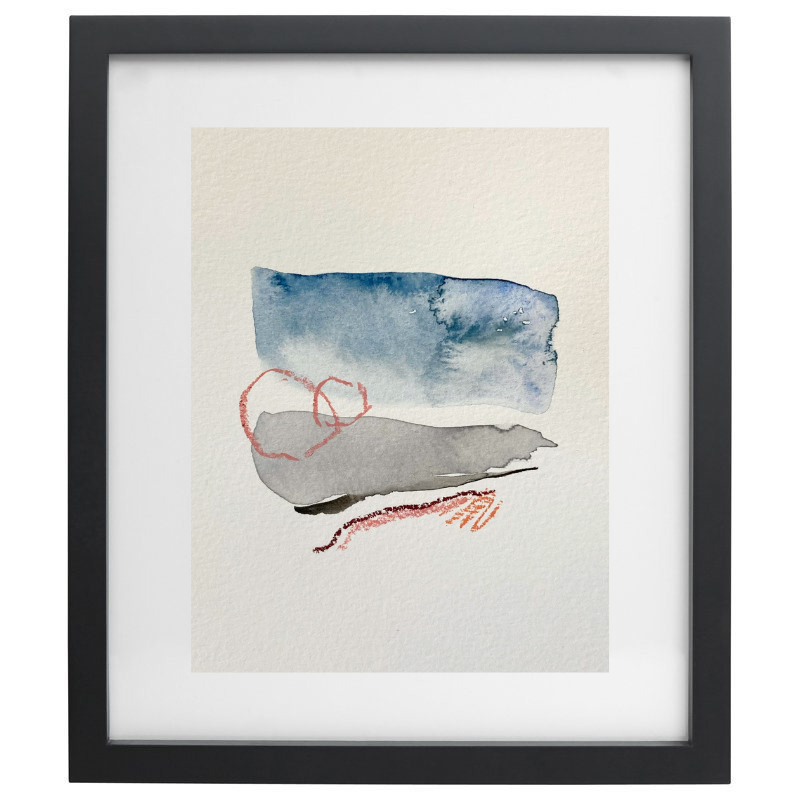 Blue, grey, and pink minimalist watercolour artwork in a black frame