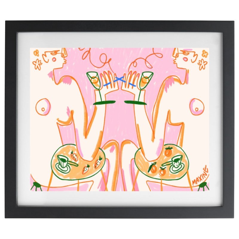 Abstract female forms drinking and eating artwork in a black frame