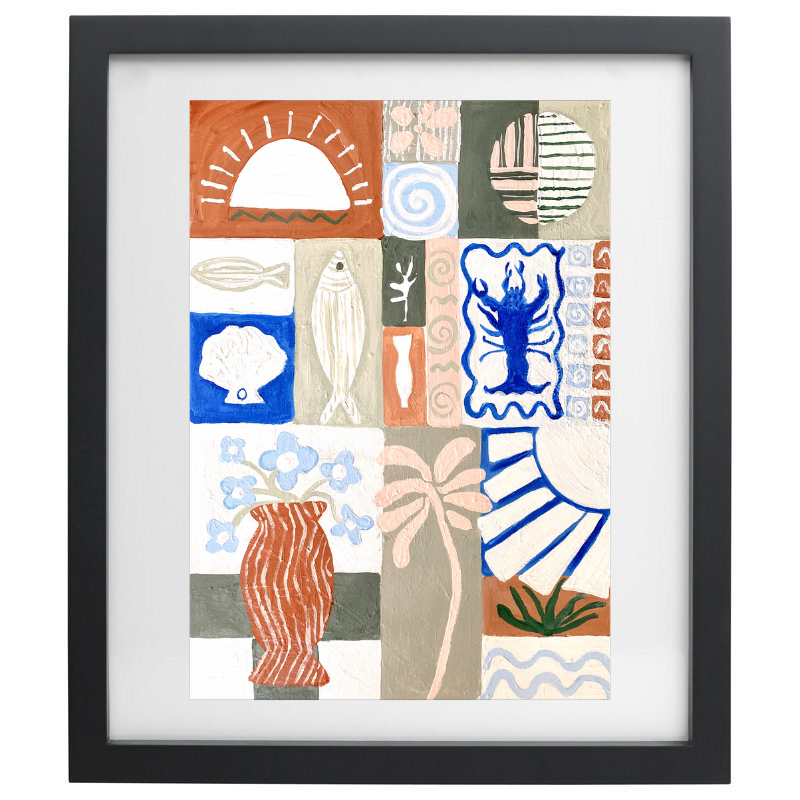 Abstract coastal artwork in pastel colours and cobalt blue with a black frame