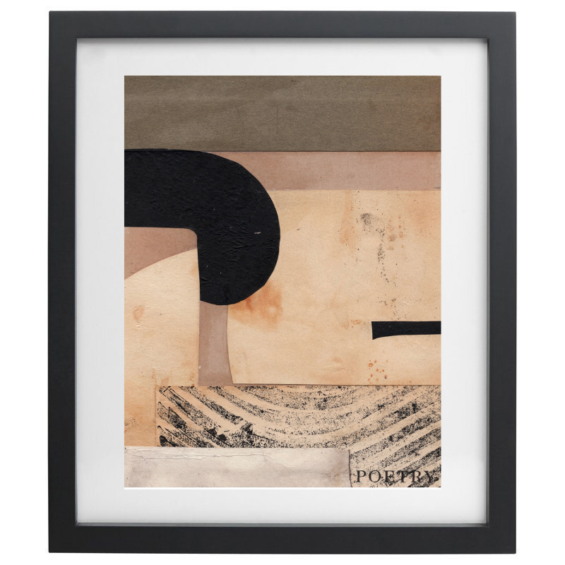 Neutral coloured vintage collage artwork in a black frame