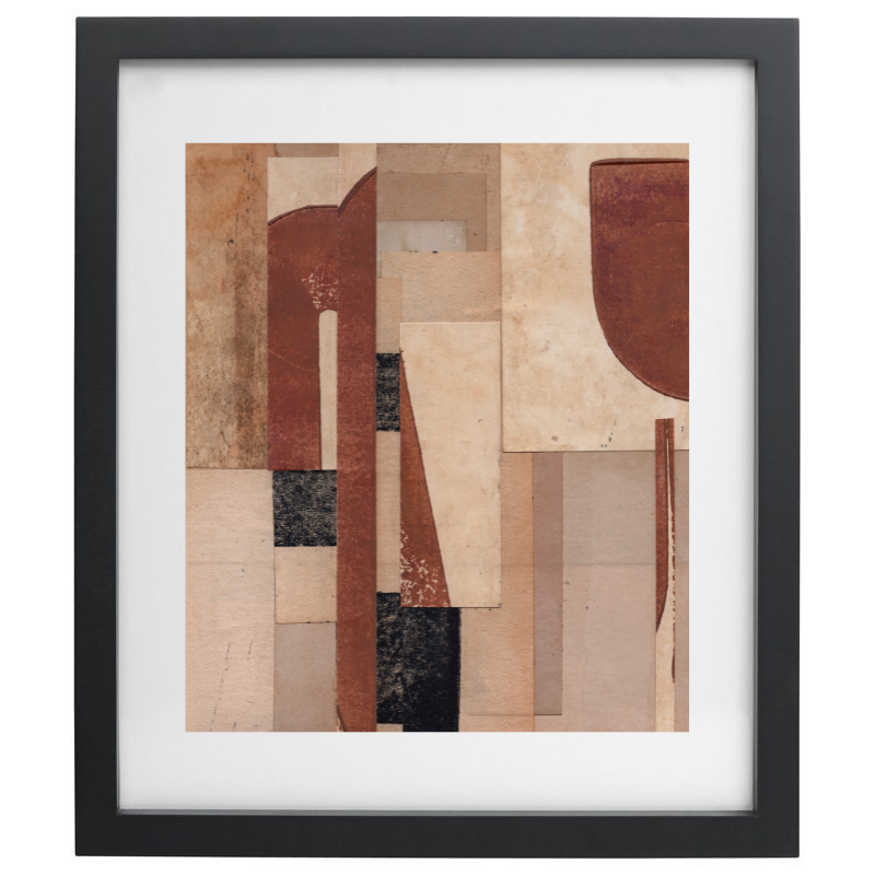 Neutral coloured vintage collage artwork in a black frame