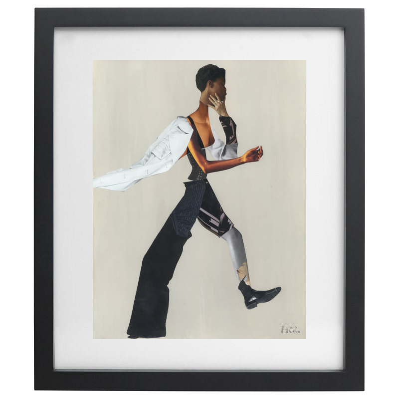 Fashion collage artwork in a black frame