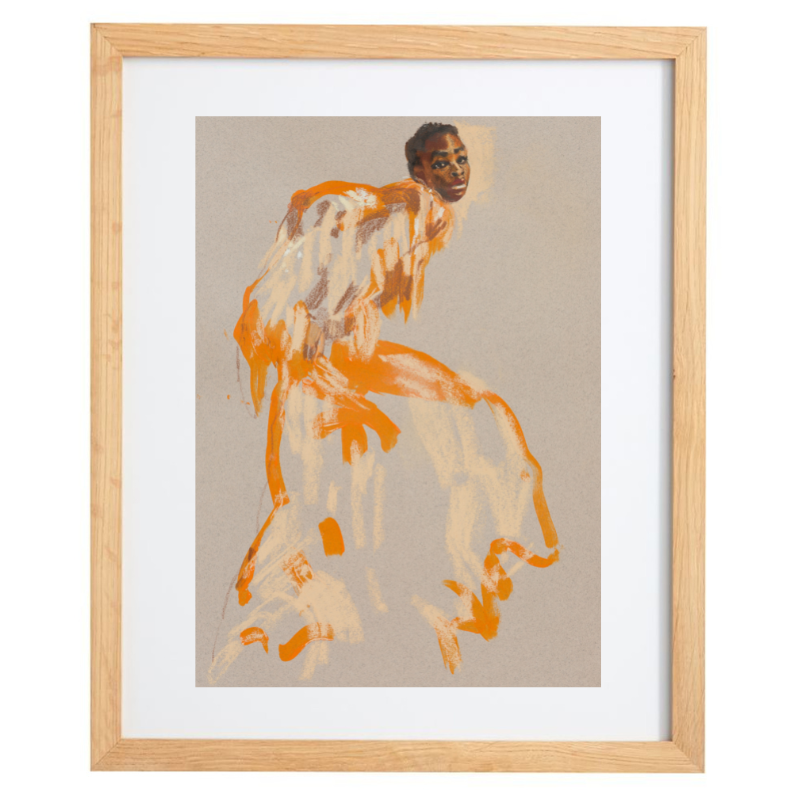Abstract artwork of a human form with an orange and yellow outfit in a natural frame
