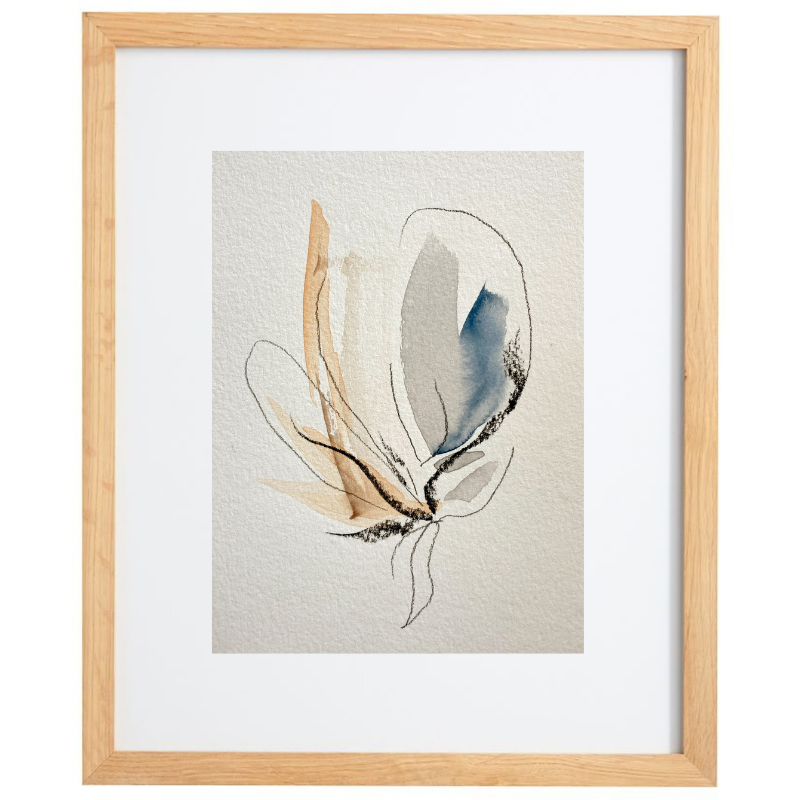 Abstract watercolour artwork in neutral colours in a natural frame