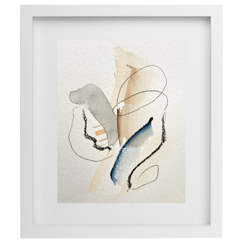 Abstract watercolour artwork in neutral palette in a white frame