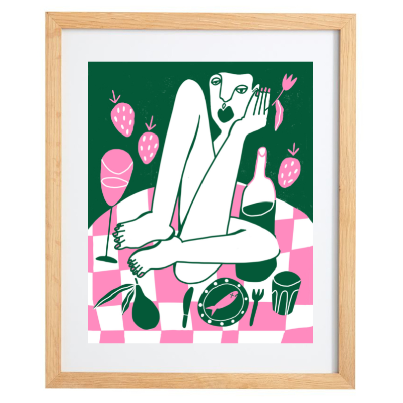 Green and pink abstract artwork in a natural frame