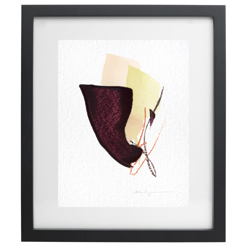 Burgundy and green minimalist artwork in a black frame