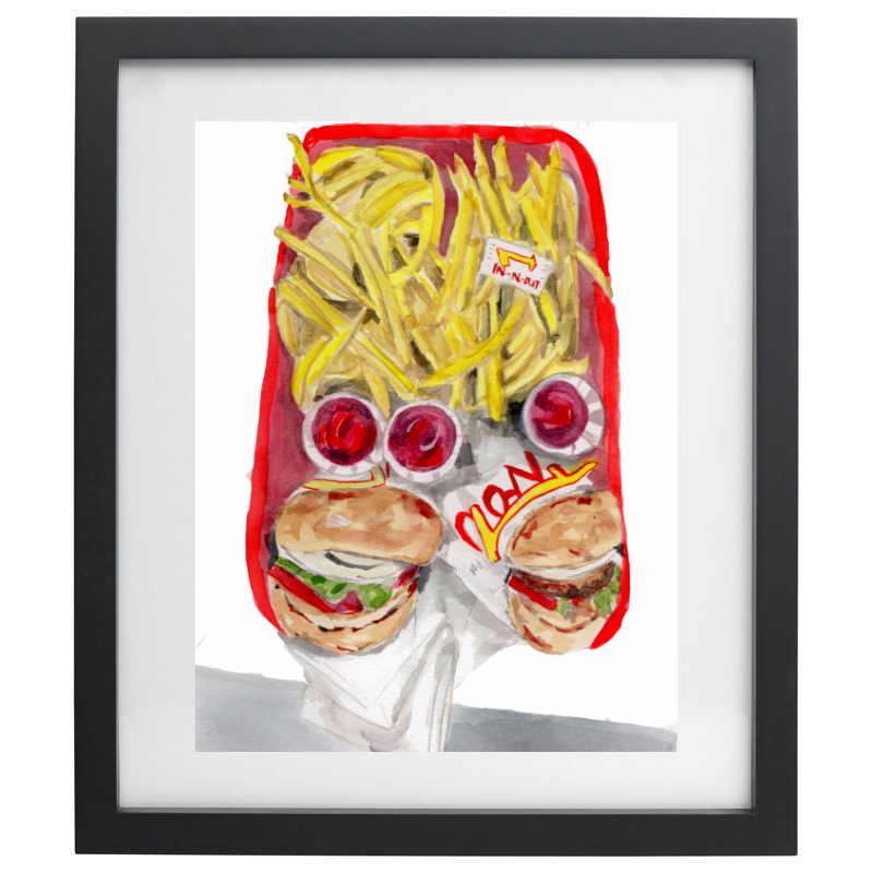Watercolour In-N-Out artwork in a black frame