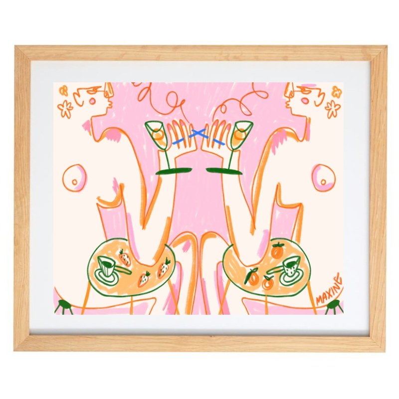 Abstract female forms drinking and eating artwork in a natural frame