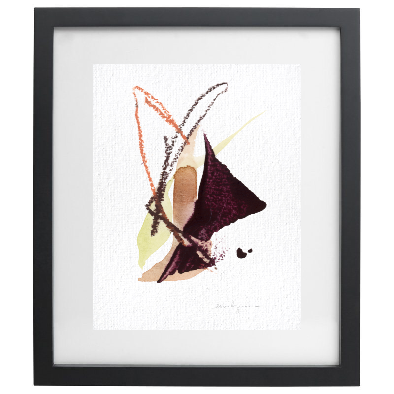 Dark purple, green, and brown minimalist artwork in a black frame