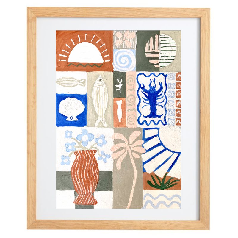 Abstract coastal artwork in pastel colours and cobalt blue with a natural frame