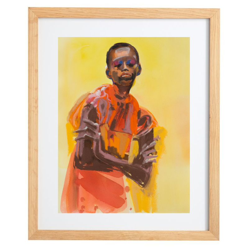 Abstract human form in an orange outfit over a yellow background with a natural frame