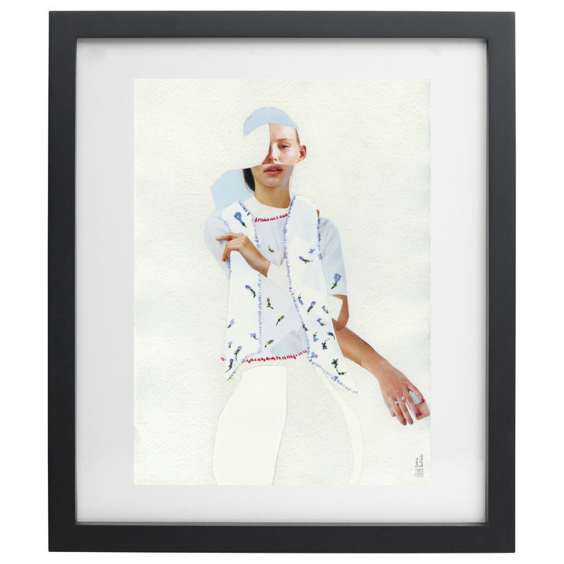 Fashion collage artwork in a black frame