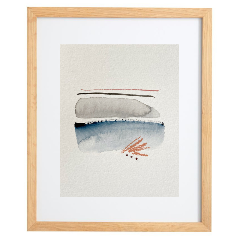 Minimalist abstract blue and grey watercolour artwork in a natural frame