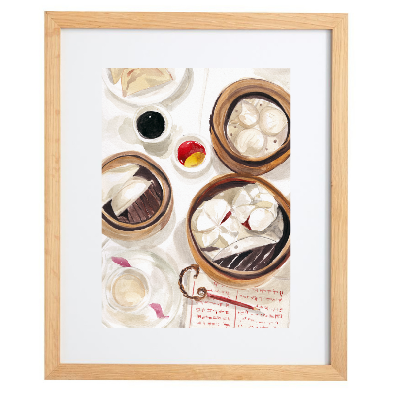 Watercolour dim sum artwork in a natural frame