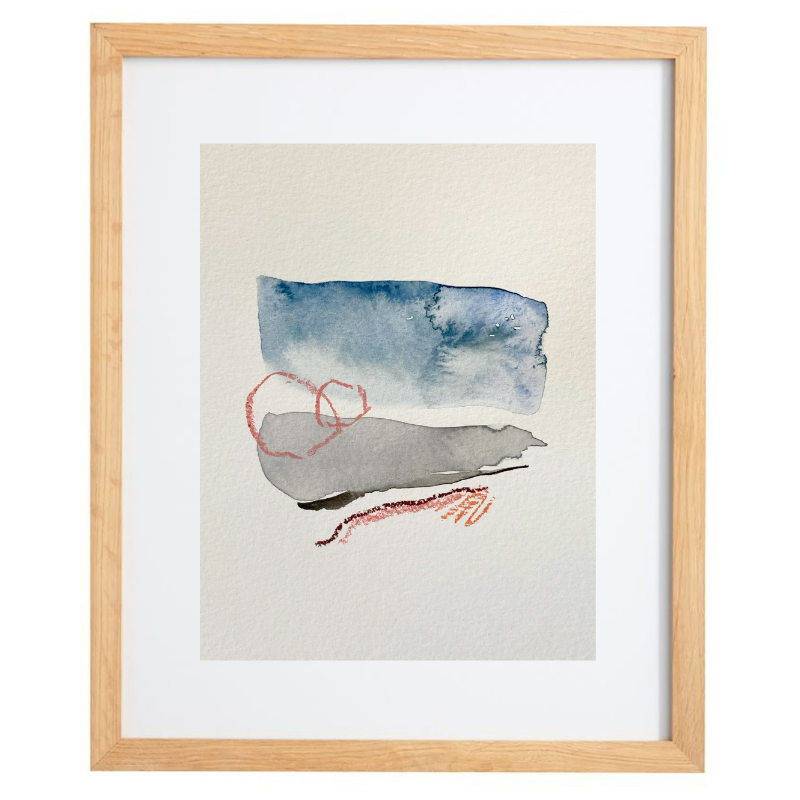 Blue, grey, and pink minimalist watercolour artwork in a natural frame